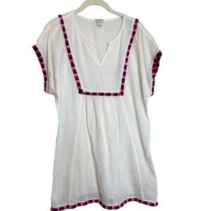 J Crew Factory Womens Boho Gauze Beach Tunic XS White V-Neck Colorful Fringe